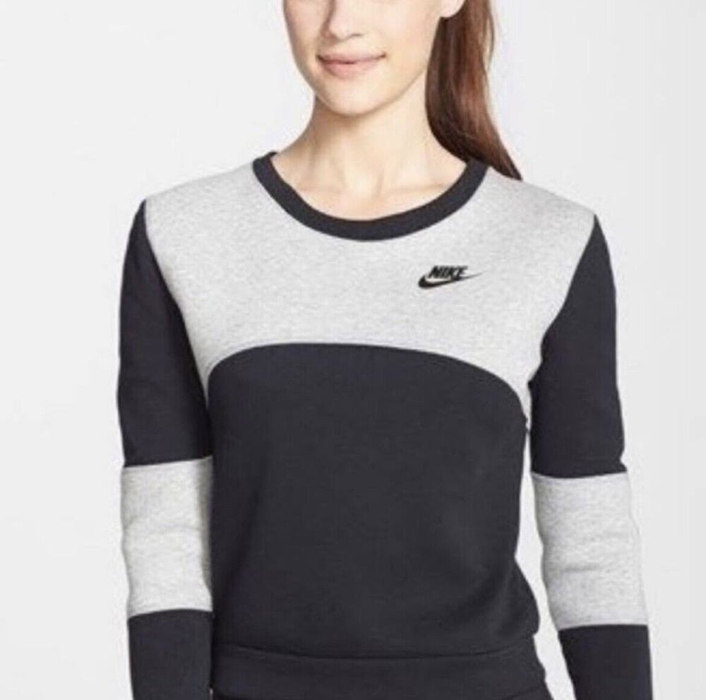 Nike Gray Black Color Block Long Sleeve Tech Fleece Crew Sweatshirt Size XS